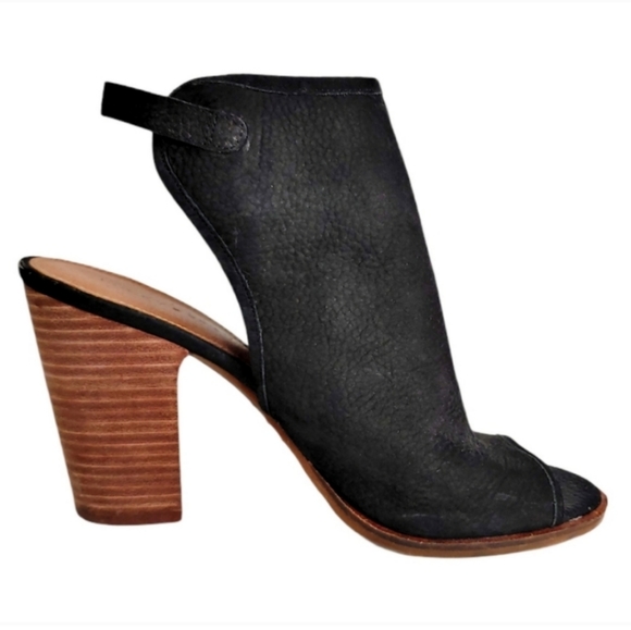 Lucky Brand Black Pebble Leather Open Toe Stacked Heels Women's Size 9.5 - Picture 2 of 9